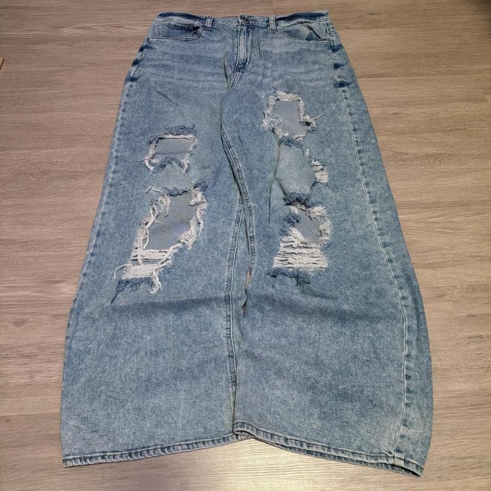 Baggy Wide Leg 2000s Ripped Blue Denim Jeans (33x30)